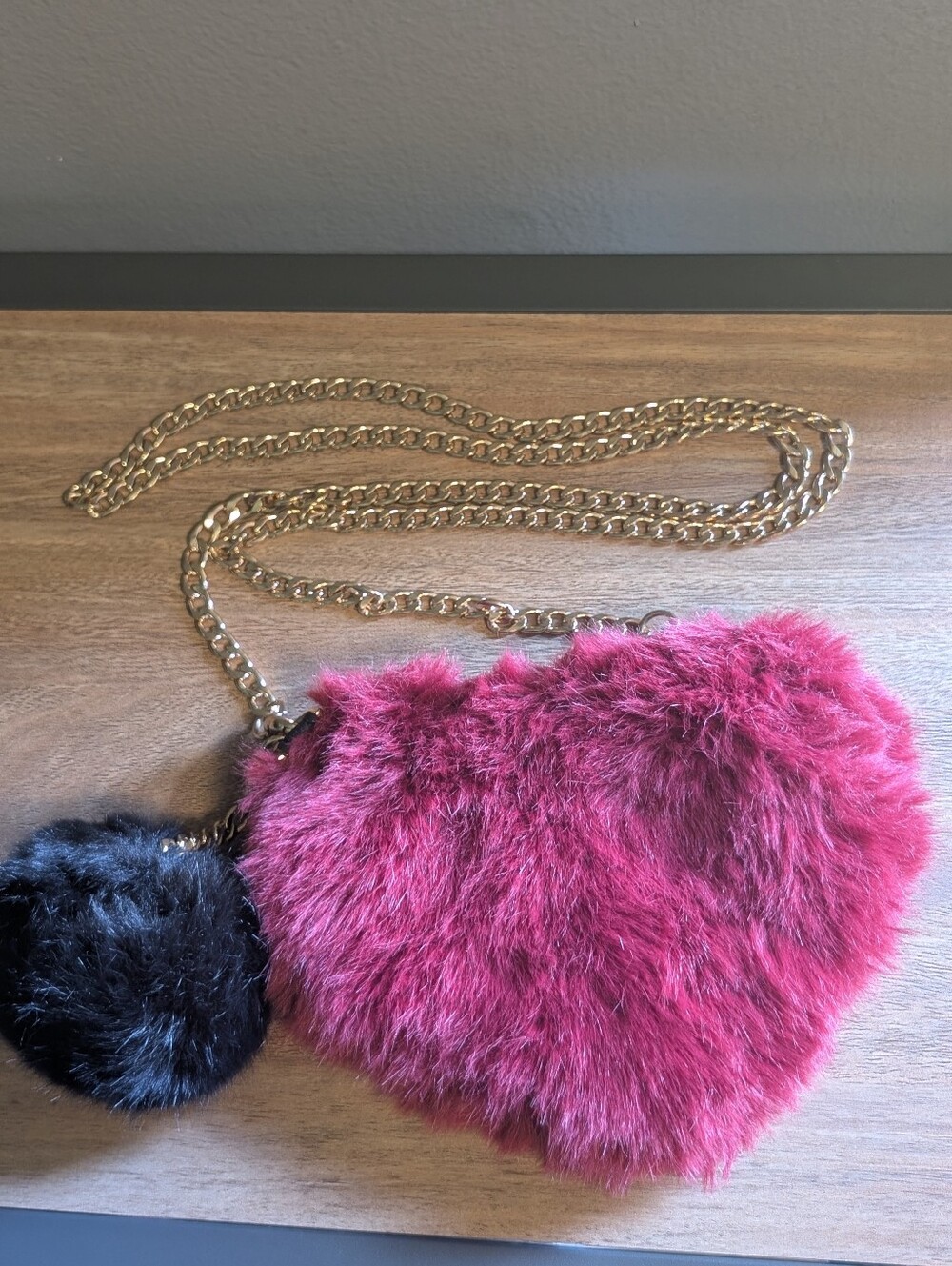 Topshop Burgundy Faux Fur Heart Crossbody Bag with Black Pom Pom